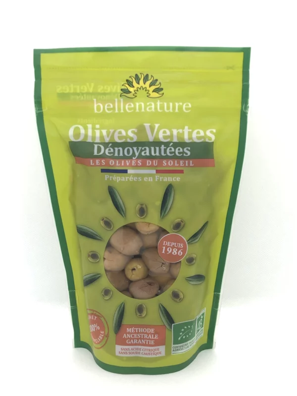 olives vertes dénoyautees bio sachet bellenature 400g