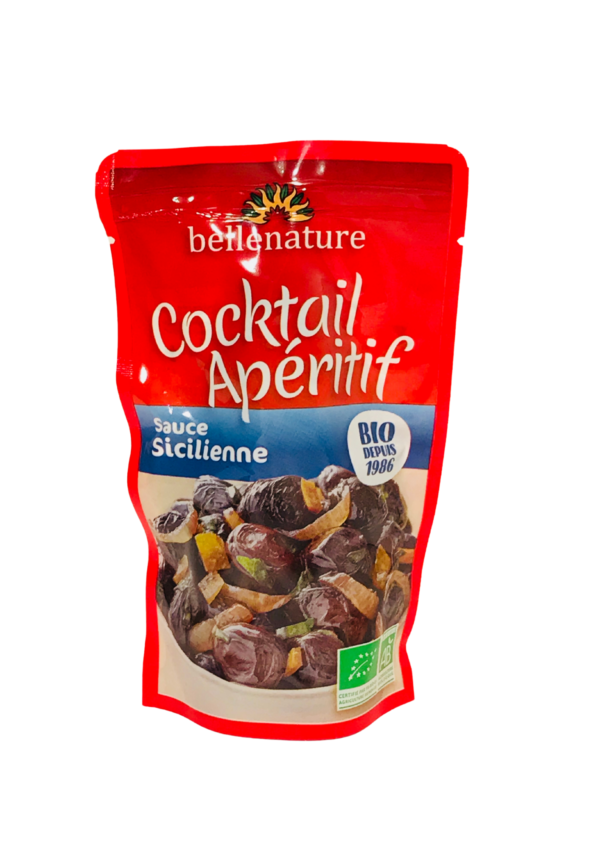 Cocktail olives apéritives bio sauce Sicilienne Bellenature sachet