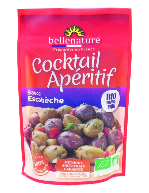 Olives apéritives cocktail sauce escabèche bio bellenature sachet recyclable