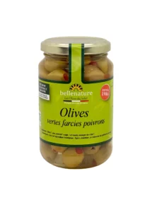 Olives vertes dénoyautées farcies aux poivrons rouges - Bio - Bellenature - Bocal