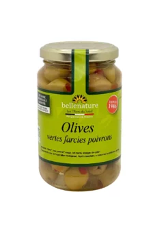 Olives vertes dénoyautées farcies aux poivrons rouges - Bio - Bellenature - Bocal